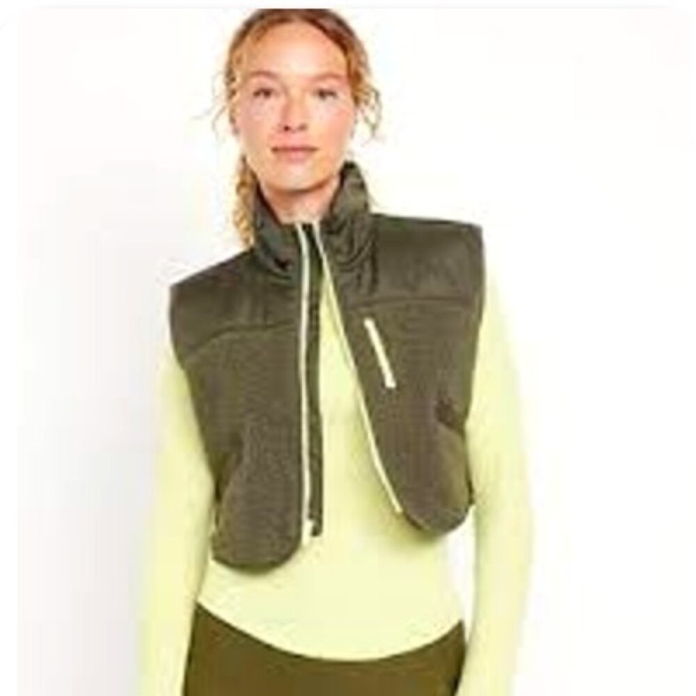 Old Navy Cropped Sherpa Fleece Hybrid Zip Vest 2X Olive Green with Neon Full Zip